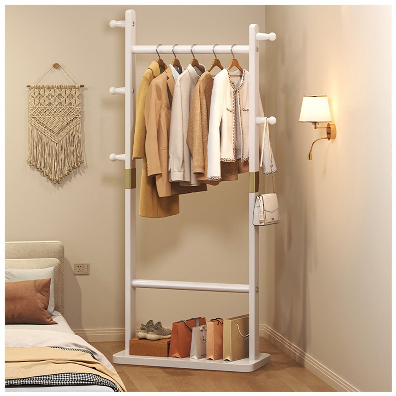 BEARQUN Retro Wooden Coat Rack, Industrial Coat Rack with Hooks and Shoe Storage, for Clothes/Bags/Hats: 40/48/60/70CM, Sturdy Freestanding Coat Rack : Walnut/Wood/White