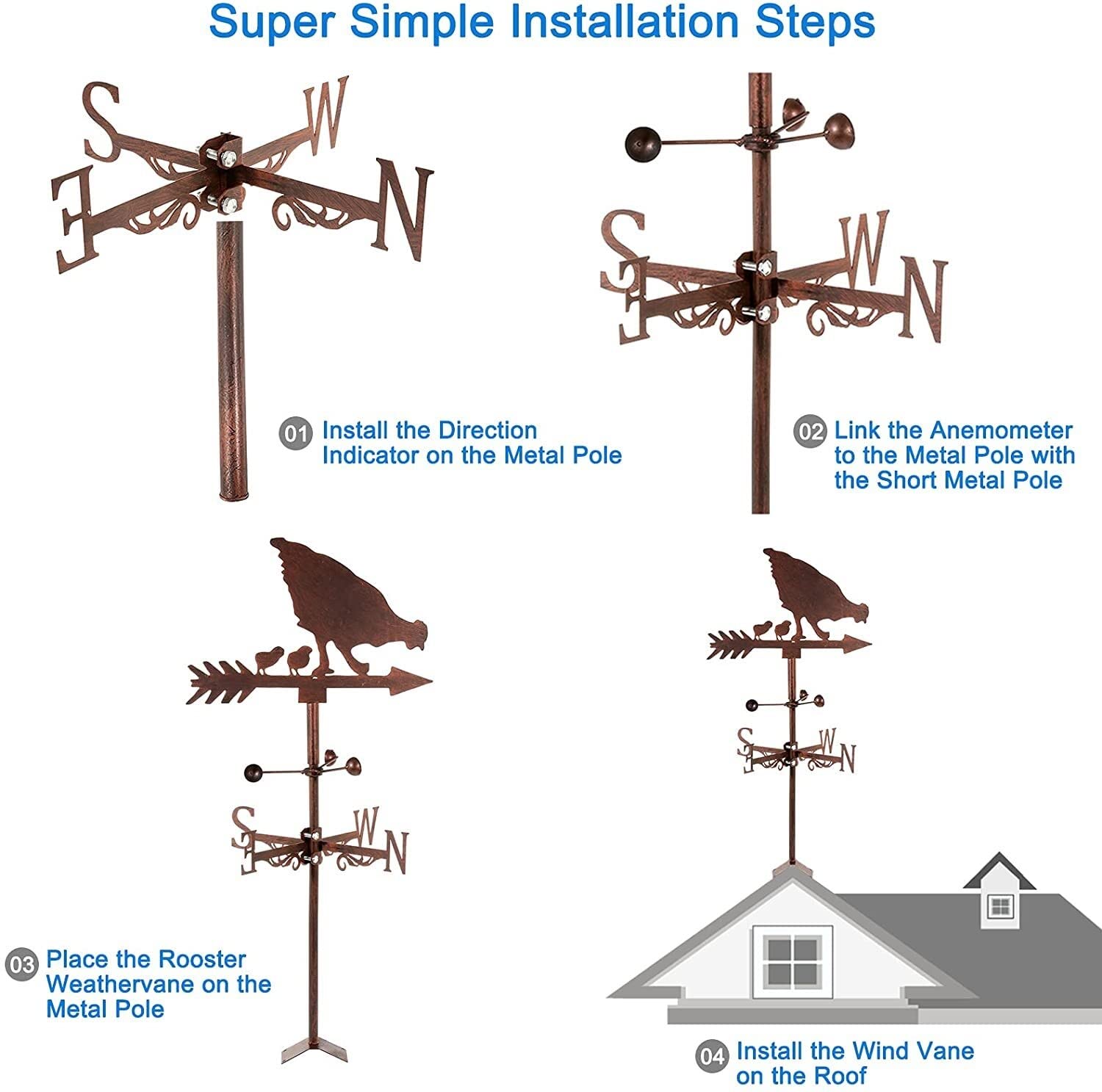 Ozdoba wiatrowskazu, wiatrowskaz Metalowy kogucik Weathervane Retro Mini z wiatromierzem do wskaźnika kierunku wiatru i pomiaru Dekoracja ogrodu z kutego żelaza na dachu (kolor: H