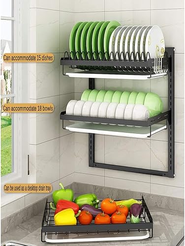 Miniatura 5 de Escurridor de platos montado en la pared de acero inoxidable 201 con bandeja de drenaje, estante de cocina de 3 capas, organizador de utensilios de
