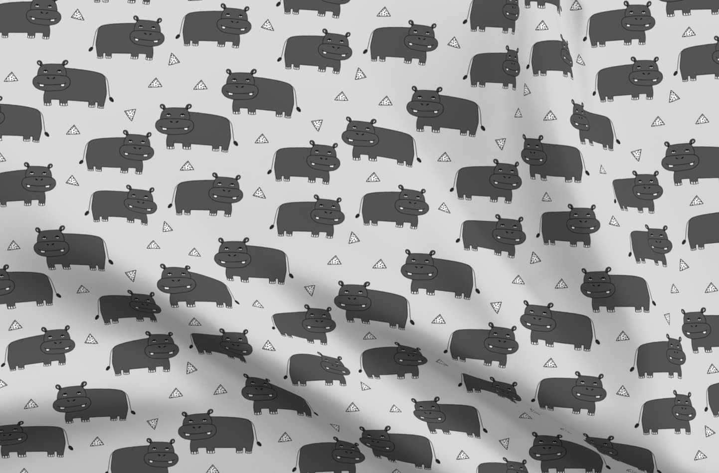 Spoonflower Fabric - Happy Hippo Grey Triangle Kids Nursery Boy Monochrome Printed on Organic Cotton Sateen Fabric by The Yard - Sewing Quilting Apparel Home Decor