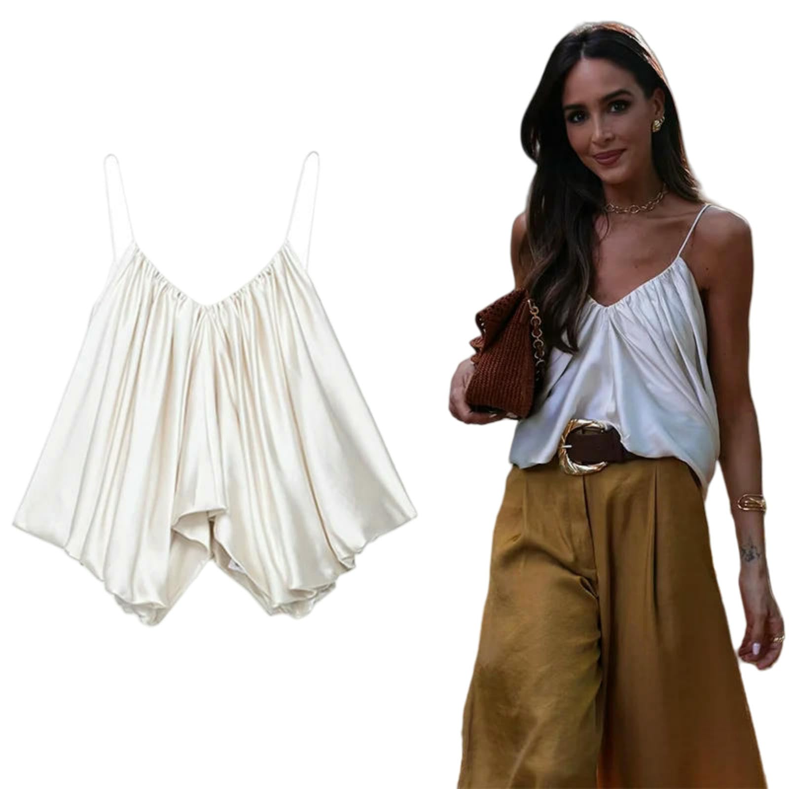 WANGSHUO Débardeur pour Femme Camisole Tops Satin Crop Tops-Blanc-l