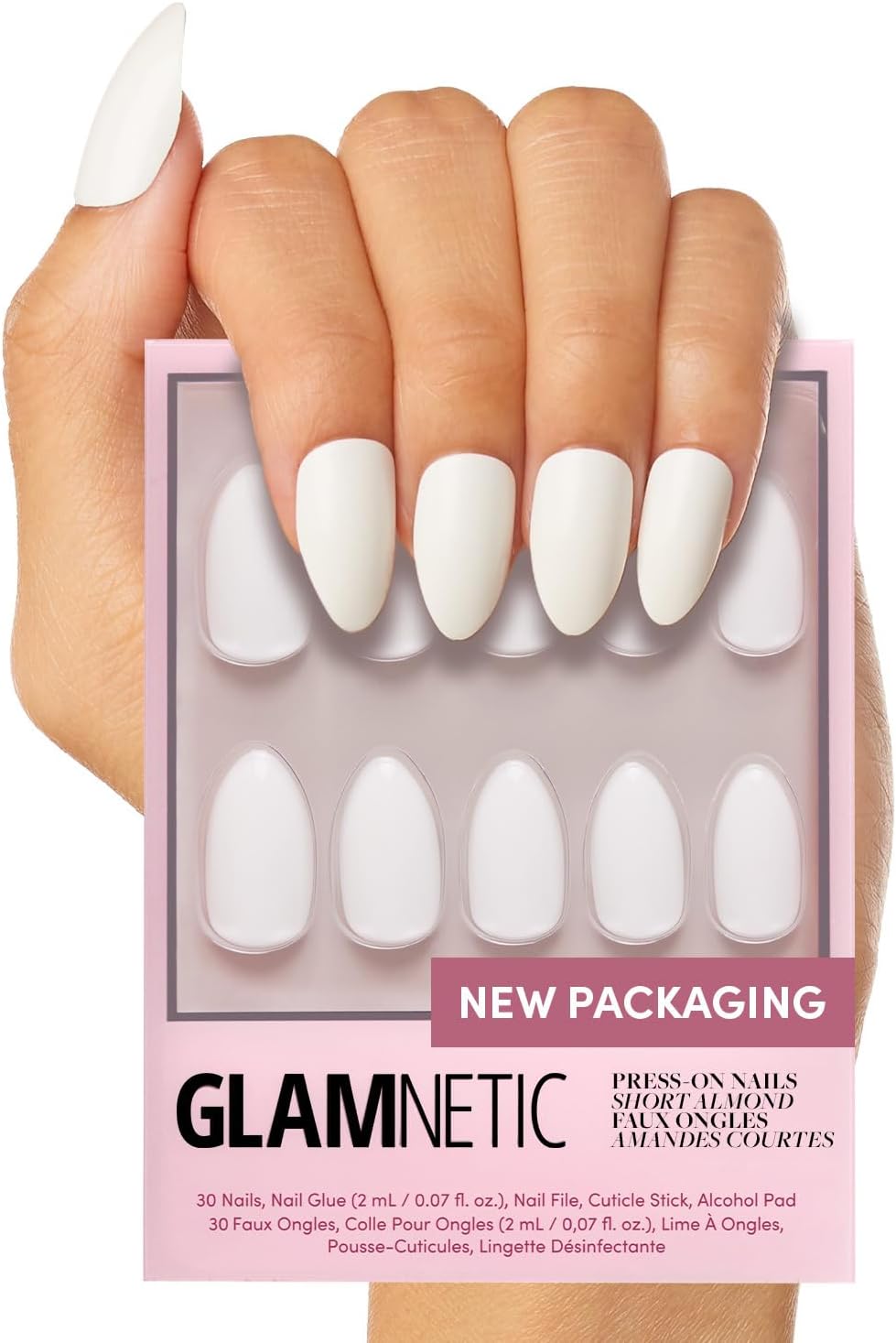 Glamnetic Press On Nails - Angel | Opaque White Short Almond Nails, Reusable | 12 Sizes - 24 Nail Kit