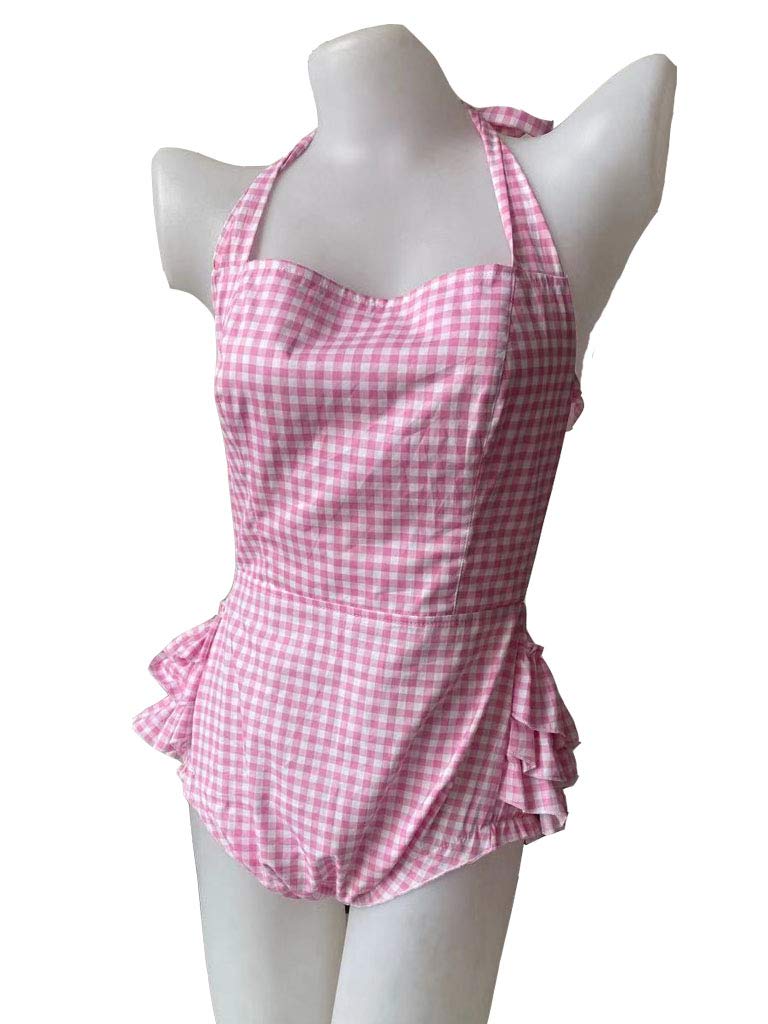 Haian ABDLPrint Cotton Snap Through Crotch Ruffle Rhumba Romper (Large, Pink Gingham Print Cotton)