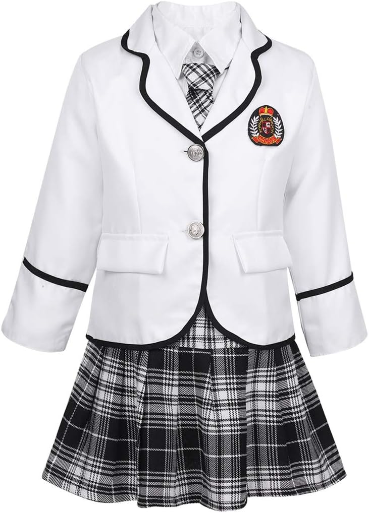 Big Girls British Winter School Uniform 4Pcs Kids Blazer Suit Long Sleeves Shirt with Mini Skirt Tie Set