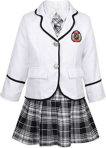 easyforever Boys Girls British School Uniform Long Sleeve Wide Lapel Coat with Shirt Tie Mini Skirt Set