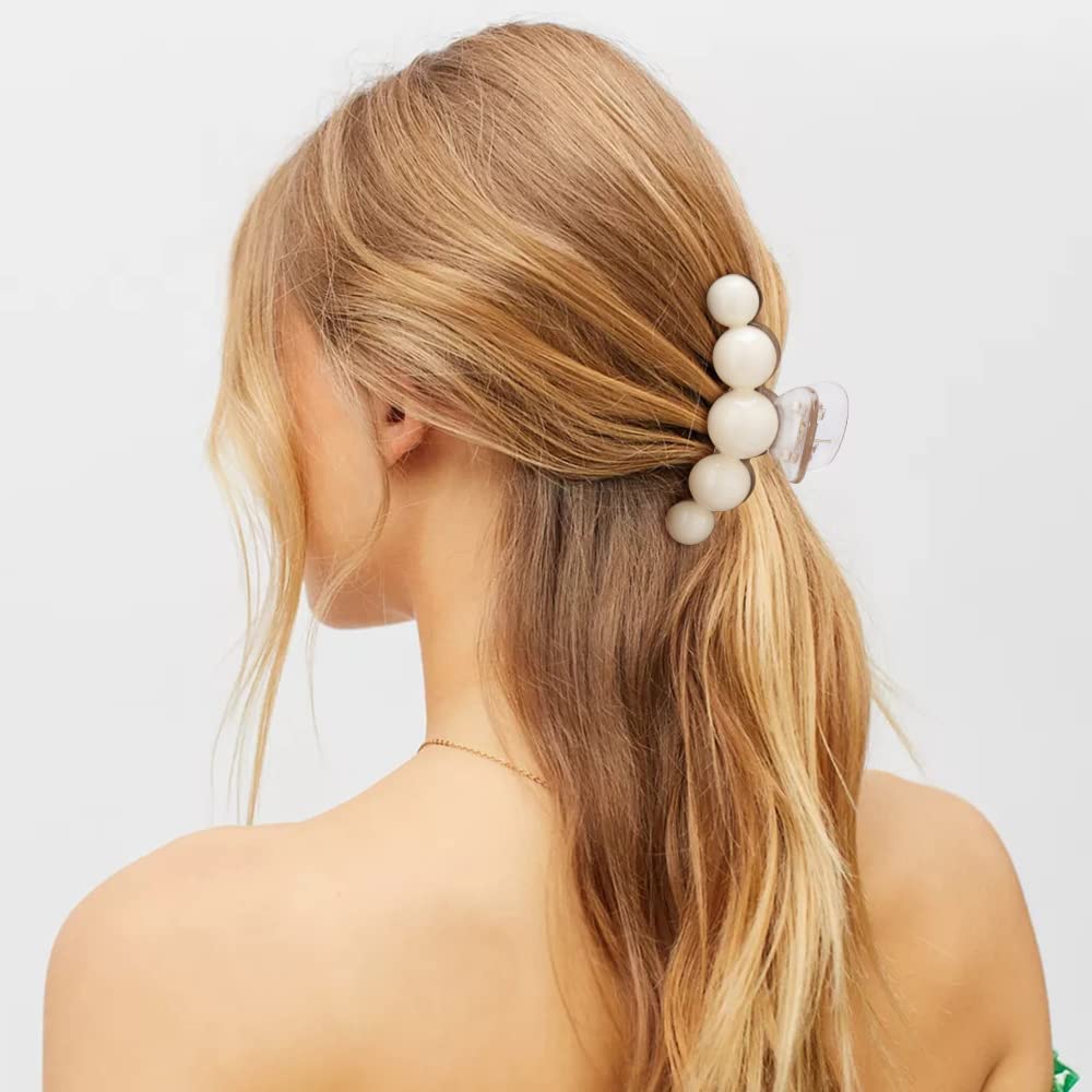 Canitor 2 PCS Acrylic Pearl Hair Clips for Women Teen Girls Hair Claw Clips for Thick Thin Hair Elegant Hair Accessories for Daily Wedding (White+Blue)