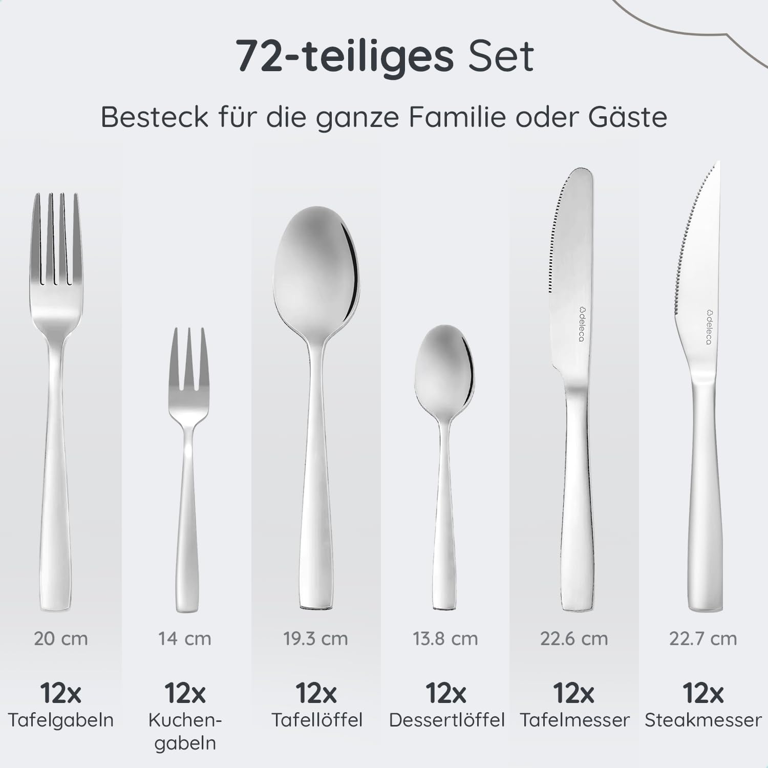 Besteckset 12 Personen, 72-teilig, Edelstahl 18/0 Silber, spülmaschinenfest und rostfrei, Tafelbesteck mit Messer Gabel Löffel Steakmesser und Kuchengabeln, Essbesteck Set für Haushalt und Gäste