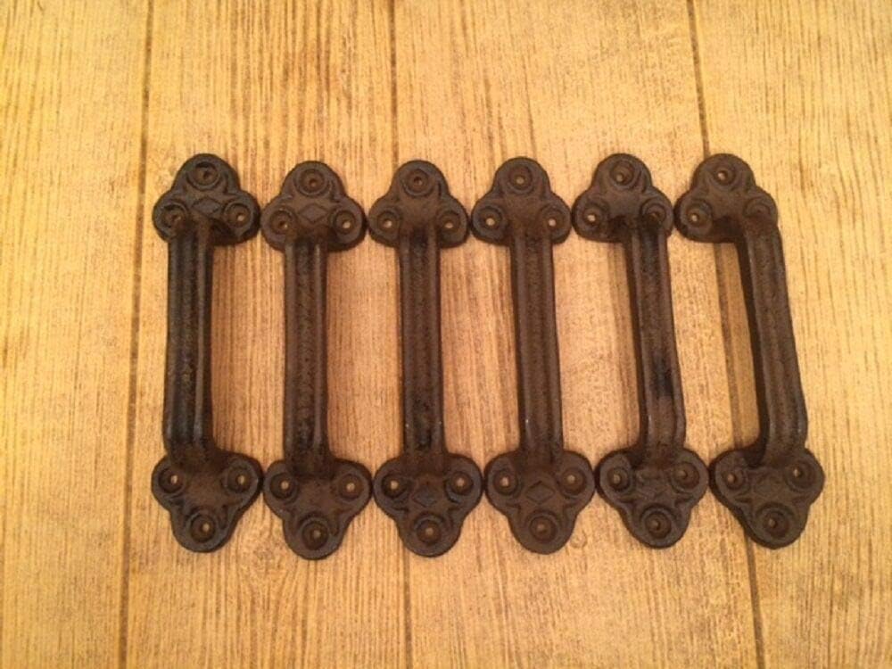 Vintage SIX Cast Iron Gate Shed Barn Door Pulls Handles 9" Large & Sturdy 0170-05124