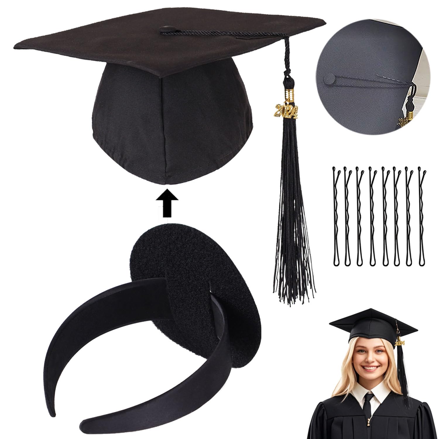 DWTABF Graduation Cap Headbands and 8 Tassel Clips, Graduation Hat Holder Accessories, Secure Cap Stay at place for Grad Day for Graduates Students Girls and Boys (Black, 1Pack)(No Hat)