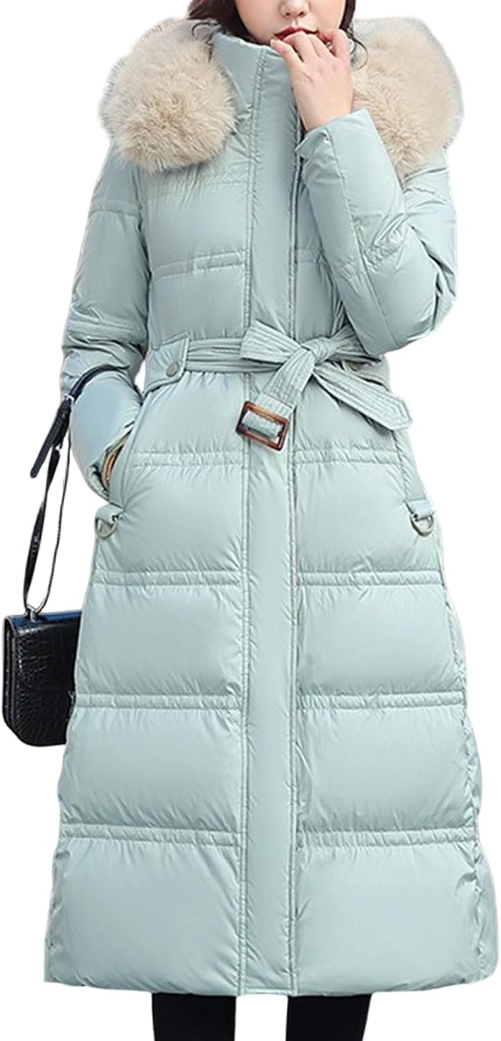 Women's Long Winter Puffer Coat Long Sleeve Windproof Warm Maxi Down Jacket Faux Fur Hood Parka 2025 Trendy Wth Belt
