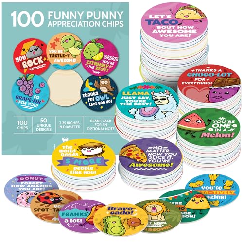 T MARIE 100 Mini Bulk Appreciation Chips - Funny Punny 2.25” Token of Appreciation Gifts for Employee, Coworkers, Staff, Teachers, Nurses, Students and More - Encouraging Messages and Recognition