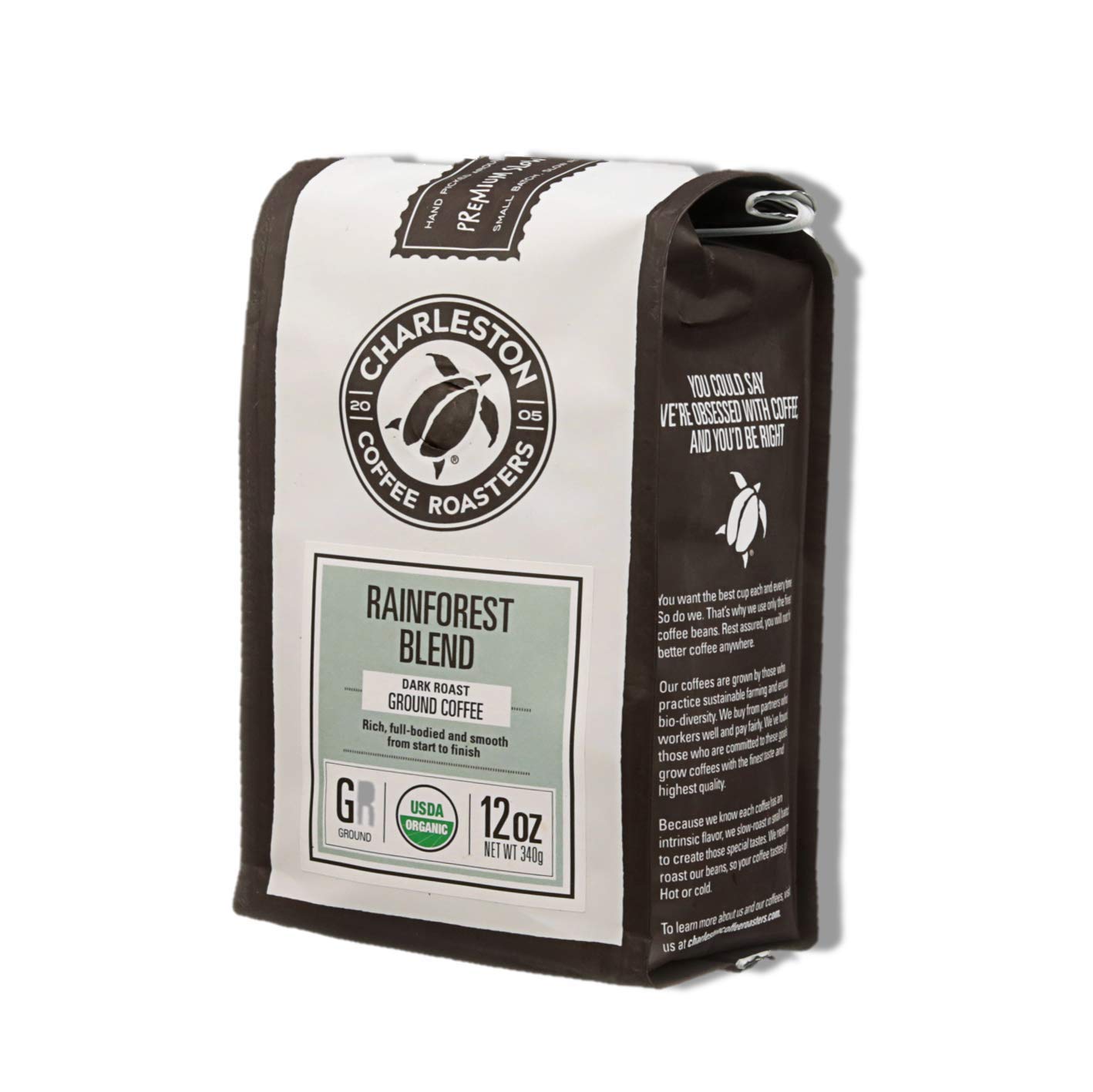 Charleston Coffee Roasters | Specialty Organic Ground Coffee | Hand Picked, Premium Slow Roast (Rainforest Blend, Dark Roast) 12oz, 6 pack