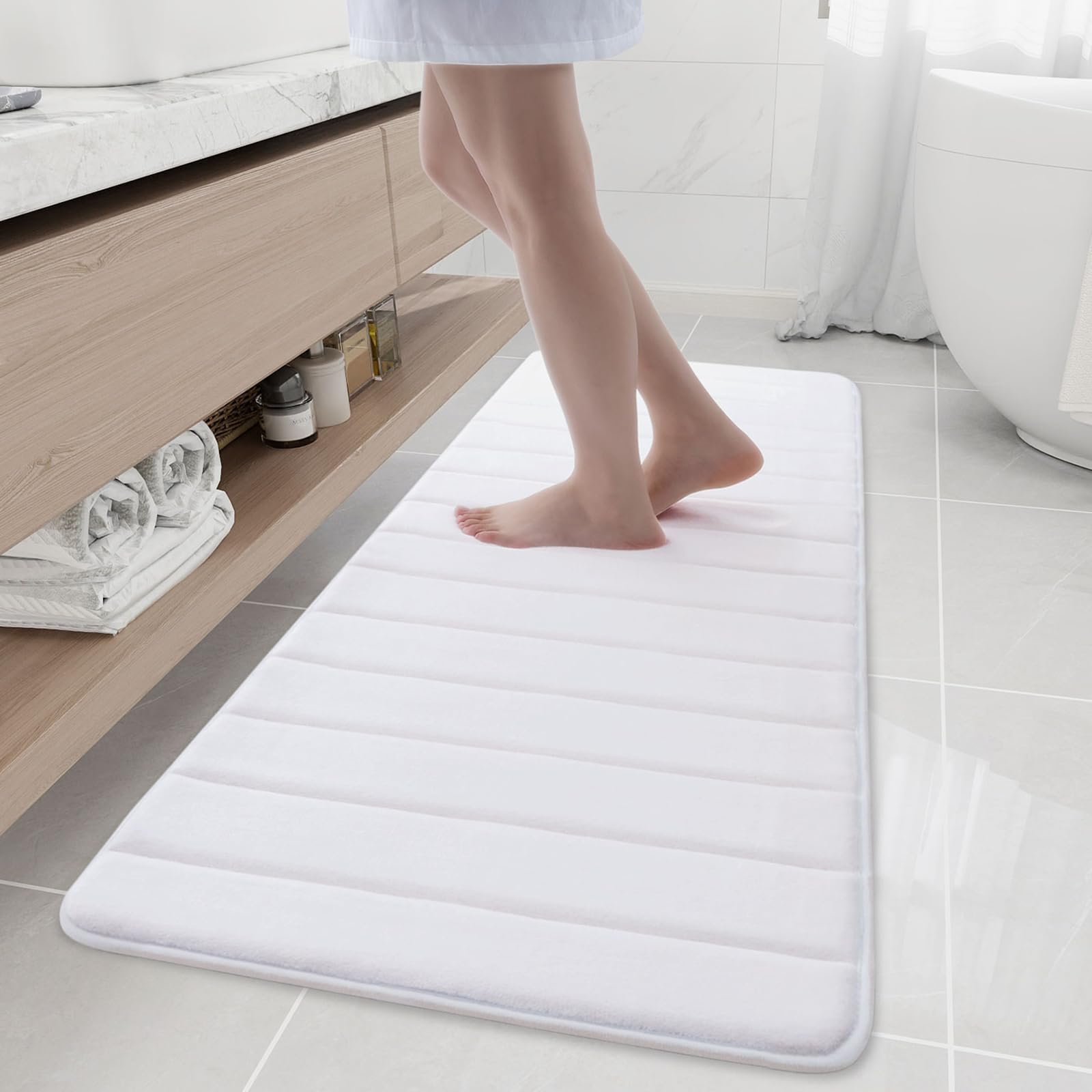 Buganda Memory Foam Bath Mat Rug, 59" x 20", Ultra Soft and Non-Slip Bathroom Rugs, Water Absorbent and Machine Washable Bath Rug Runner for Bathroom, Shower, and Tub, White