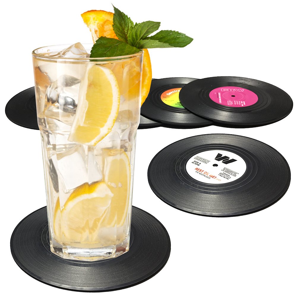 Senhai Set de 6 Posavasos de Vinilo Retro, Protección Antideslizante para Bebidas Frías y Calientes