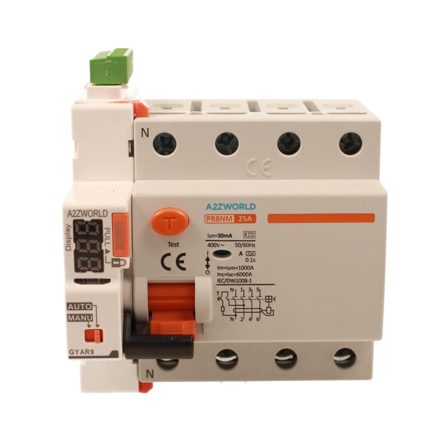 Interruttore Differenziale Riarmo Automatico Trifase, Salvavita 25A, Tipo A 30mA, 3 Tentativi (10s/60s/300s), Occupa 5 Moduli DIN, RCCB 3P+N 6kA AC 380V, Display A Led