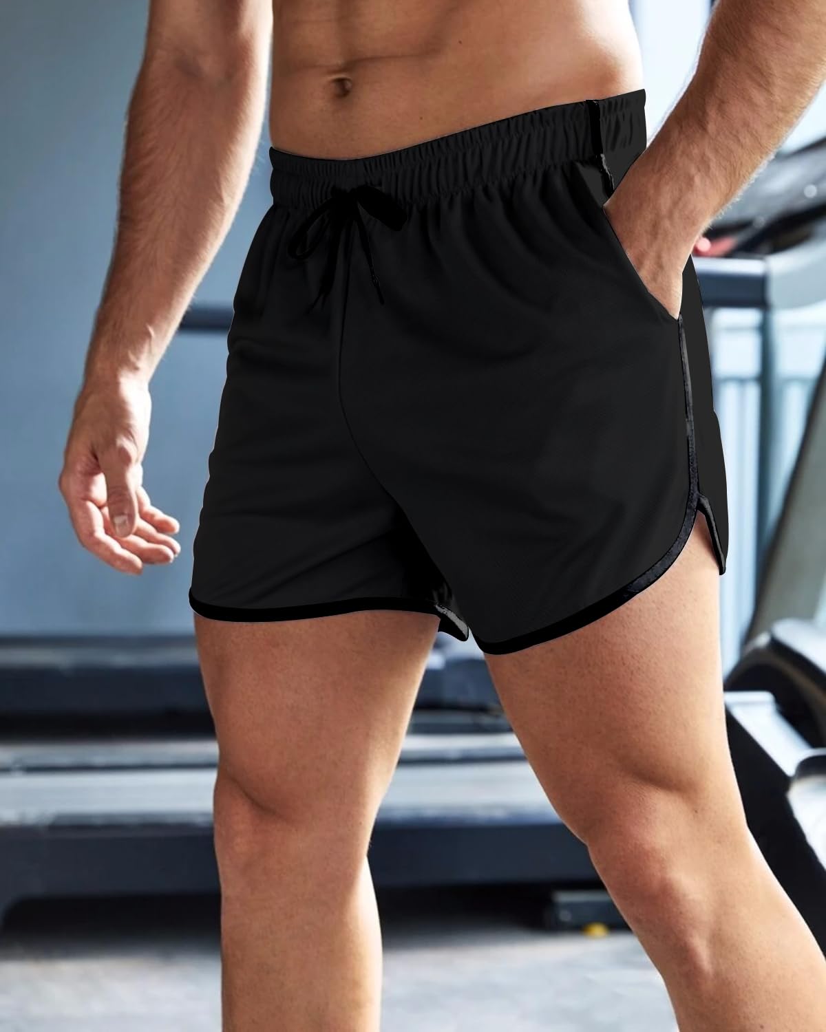 OEBLD Pantalones cortos de correr para hombre de 3 pulgadas, transpirables, de secado rápido, con bolsillos con cremallera, black3, Medium