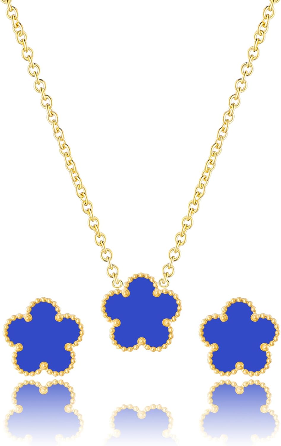 Qinpan Four Leaf Clover Necklace and Stud Earrings Set for Women Lucky Flower 14K Gold Plated Jewelry