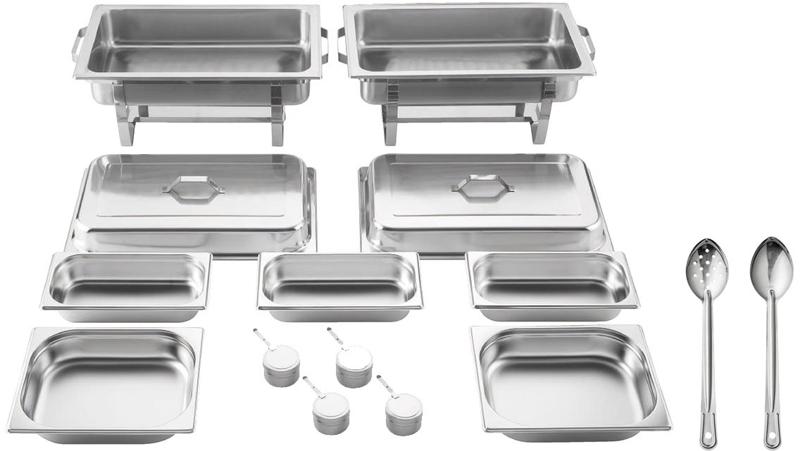 2 Chafing Dishes/Speisewärmer, 14-teilig, Gastronomiequalität, Edelstahl – Robuste Wärmebehälter für Buffet, Catering und Grillabende