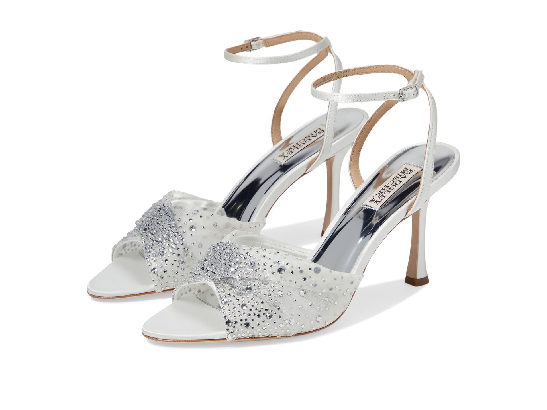 Badgley Mischka 여성용 카메린 새틴 핍토 스틸레토 크리스탈 장식 메시 오버레이