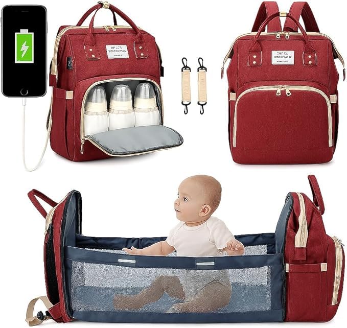 Mochila Maternidade Bebê, Bolsa que Vira Berço, Estação de troca Bebê, Porta Lenço, Fralda, Mamadeira Com Bolsos Térmicos, Prova D'água, Impermeável, Alças Acolchoadas, Premium (vermelha)
