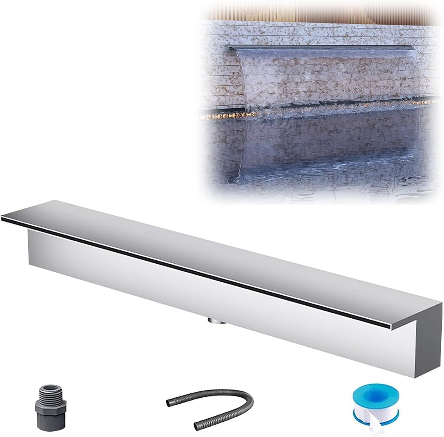 Customizable Stainless Steel Waterfall Spillway, Household & Commercial Pool Fountain Water Feature for Hotel/Squares/Backyard, for Outdoor/Indoor(Silver,15"/38cm)