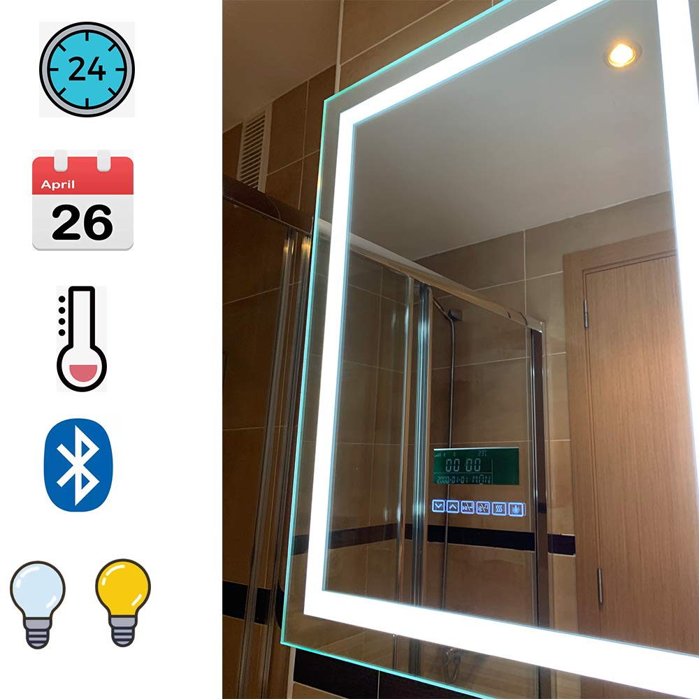 Lustro łazienkowe LED 24 W z wyświetlaczem LCD (data i temperatura) - przełącznik dotykowy przeciwmgielny Bluetooth regulowany kolor (chłodne/ciepłe) - 60 x 80 cm nowoczesne lustro kosmetyczne