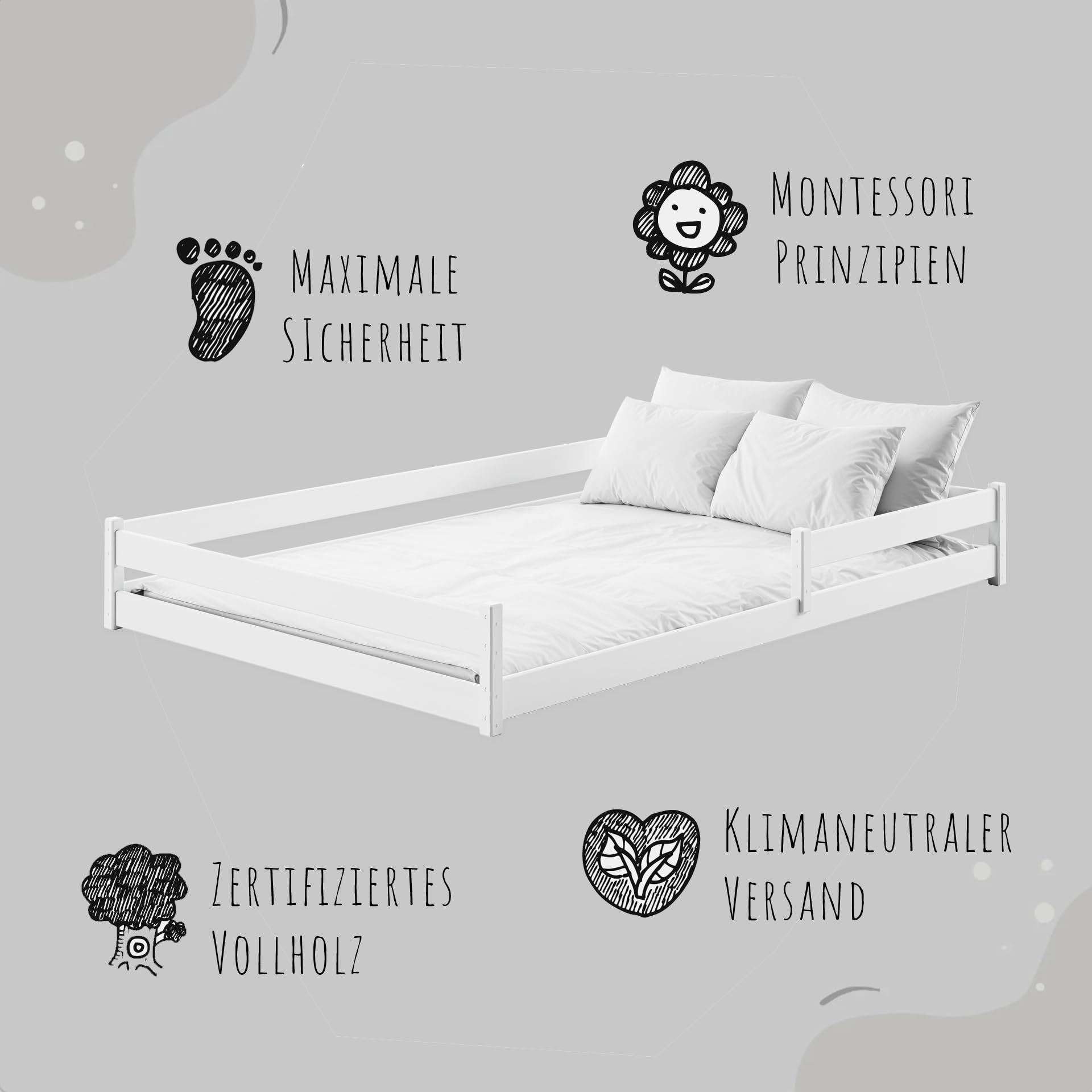 Kids Collective Kinderbett Bodenbett 140x200 cm mit Rausfallschutz & Lattenrost Montessori Bett Bed Gitterbett Kinder Jugendbett Einzelbett optional mit Matratze | weiß