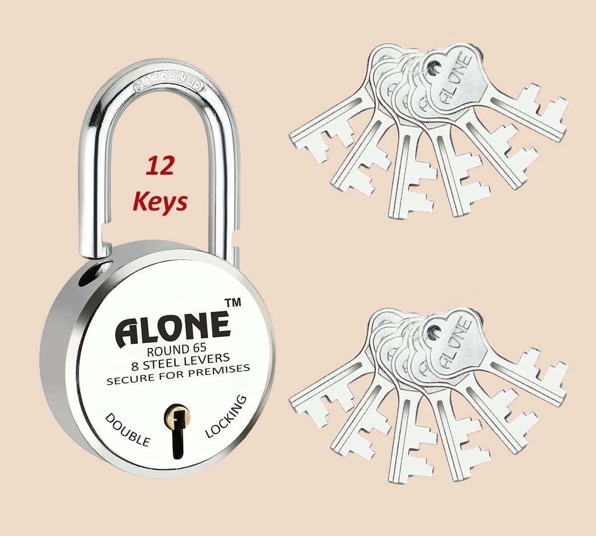 Alone Round Padlock 65mm 12 Keys Hard Shackle Double Locking | Padlocks for Home Door gate Shop Shutter, Chrome Finish Rust Free (Pack of 1)-image-26