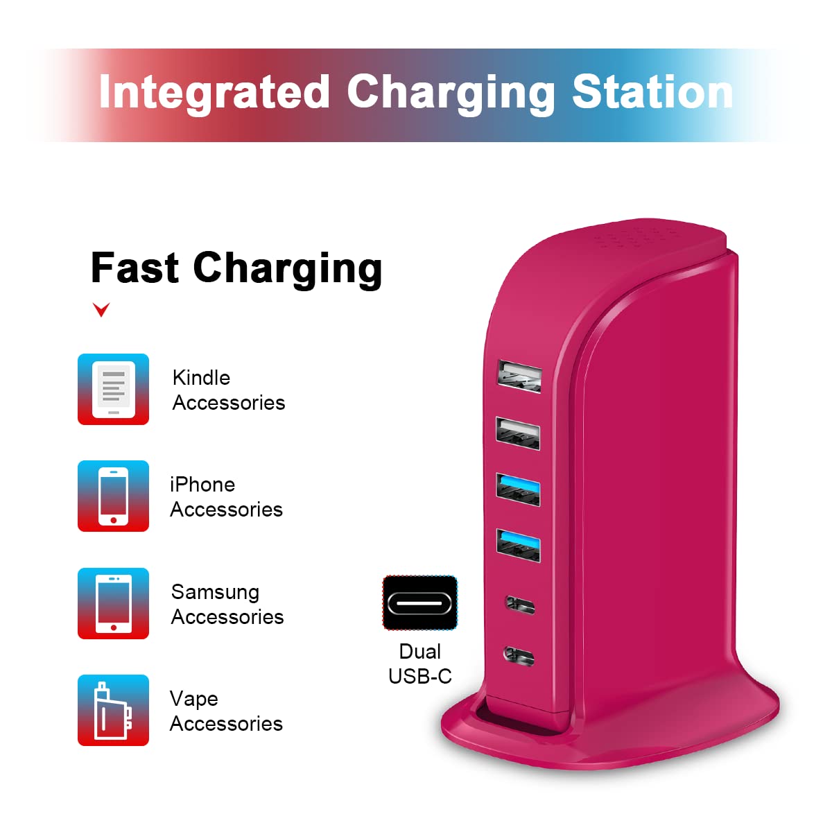 Stacja ładująca USB, wieloporty, koncentrator ładujący, 6 portów, podwójny typ C, wieża USB, szybkie ładowanie do tabletów, telefonów komórkowych, smartwatchów i innych gadżetów elektronicznych