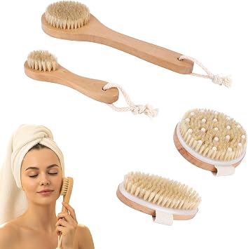 Dry Brush Set-4 Packs Natural Boar Bristle Dry Brushing Body Brush Exfoliating, Face, Foot, Bath Brush for Face and Body for Cellulite Lymphatic DrainageSet A