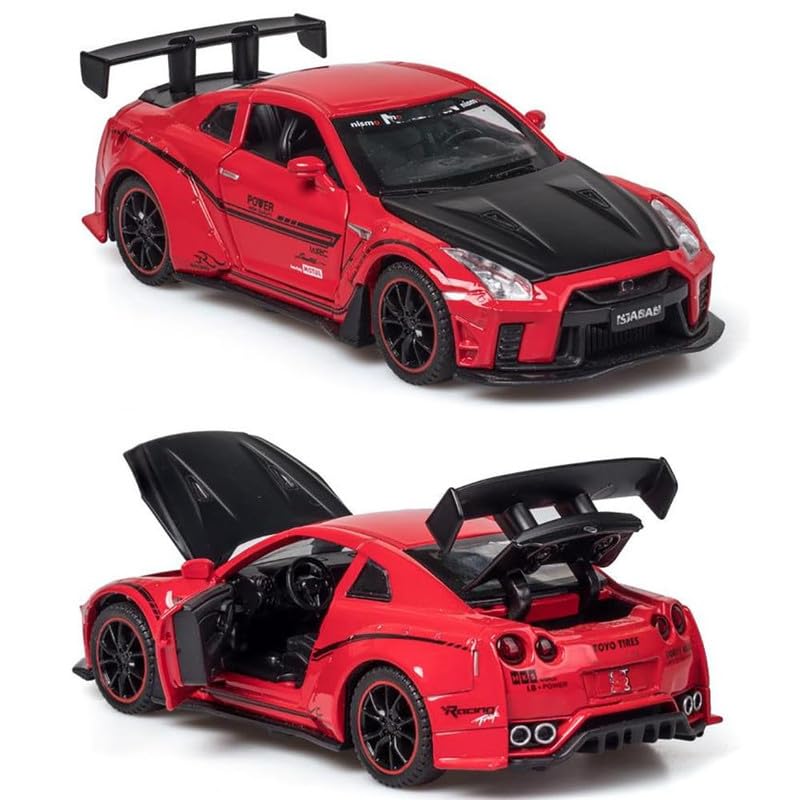 Image of Kids Model 1:32 Nessan R35 Die Cast Metal Car Pull Back Action Opening Doors with Realistic Engine Sound Lights Toy Car Gift for Boys - Red