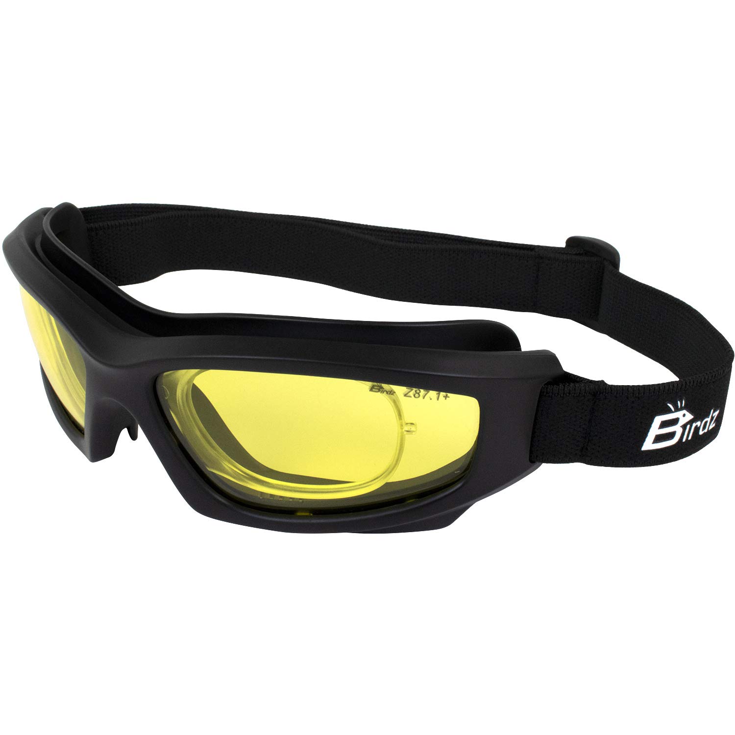 BirdzFlyer Sports Skydiving Construction Safety Goggles Black Frame with Yellow Anti-Fog Lens Rx Adapt
