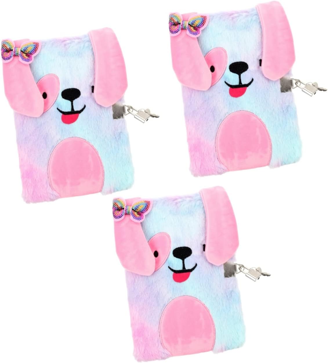 3pcs Lockable Keys Adorable with Girl Fluffy for Boy Book Plush Cover Journal Fuzzy Diary Dog Kids Lovely Adults Puppy Lined Stationery Gift Colorful Secret Notebook and Girls Note pad