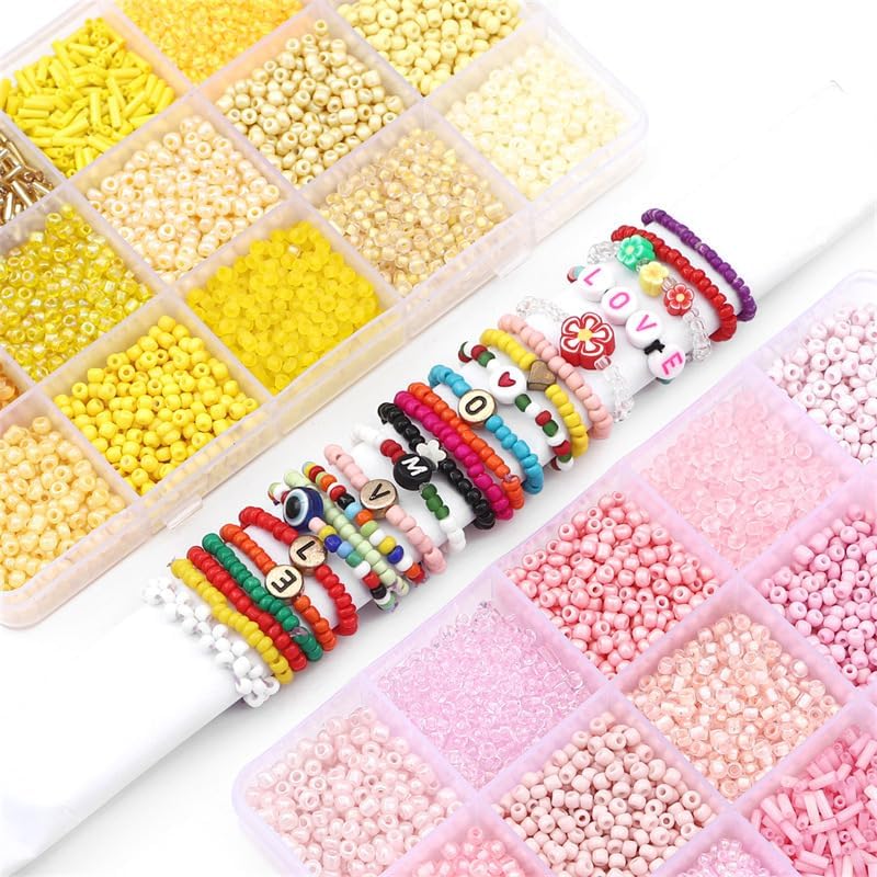 15 Color 4mm Small Assorted Glass Seed Beads,3mm Bugle Beads Friendship Bracelet Kit,2mm Tiny Tube Bead for Jewelry Making(Pink) - Image 4