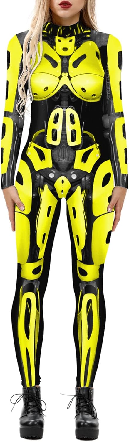 Women's 3D Mechanical Robot Skeleton Print Halloween Jumpsuit Romper Cosplay Costume