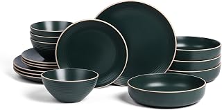 Lauren Modern Stoneware 16-piece Round Dinnerware Set, Plates and Bowls Set, Dish set for 4, Dark Green