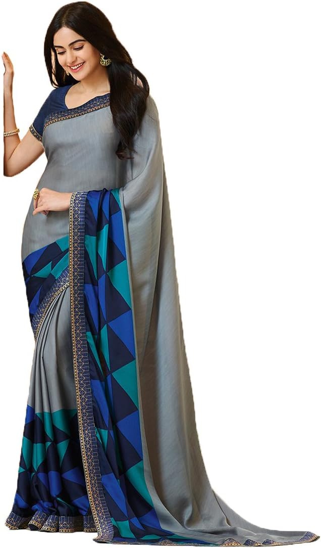 RAJESHWAR FASHION WITH RF Women's Geometric Printed Georgette/Silk Fancy Sarees For Festive With Jacquard Lace Border & Blouse Piece(Multicolored)