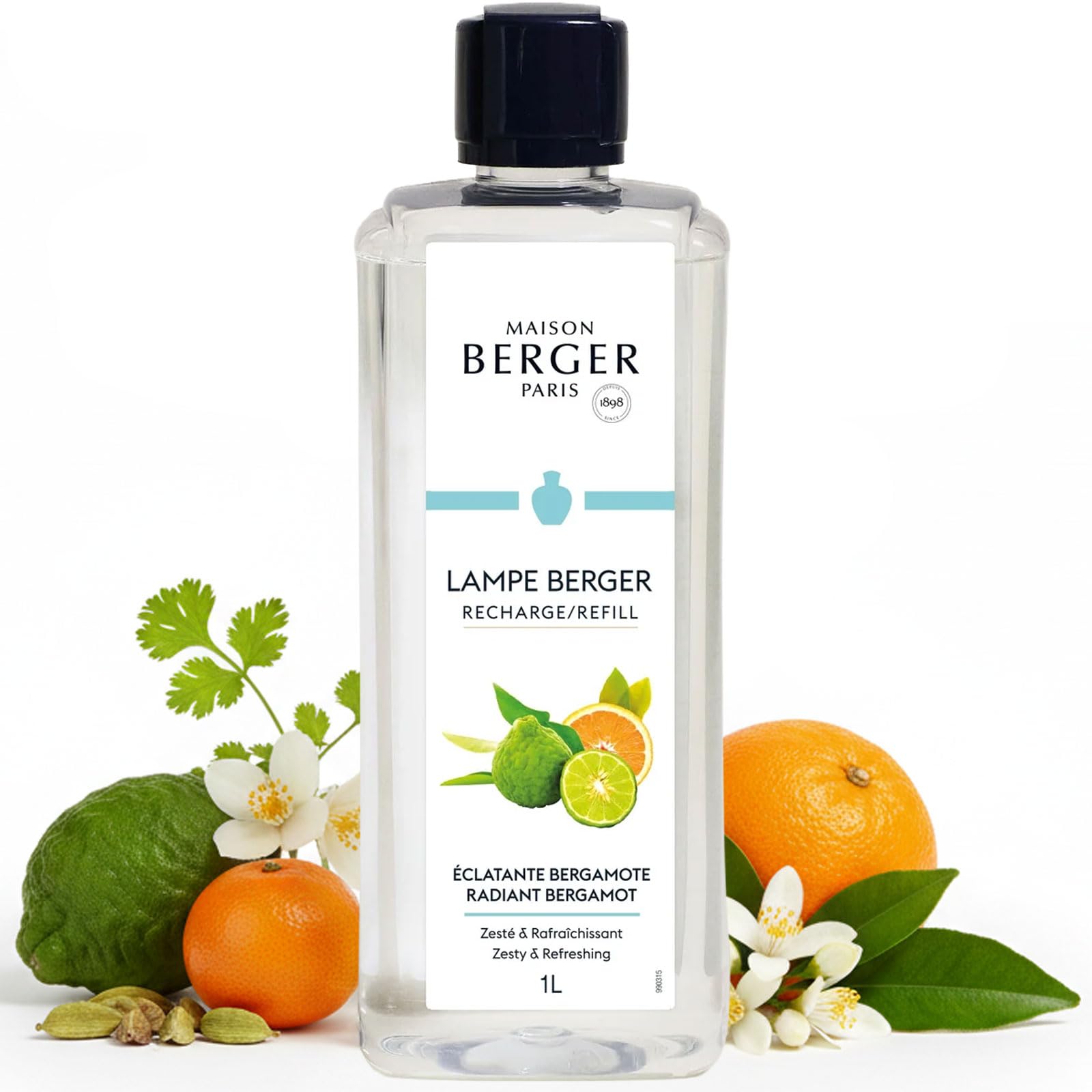 Maison Berger White Radiant Bergamot 1 L Refill – Premium Citrus Home Fragrance For Catalytic Lamps – Neutralises Odours – Ideal For Stylish, Scent-Loving Homes – Made In France
