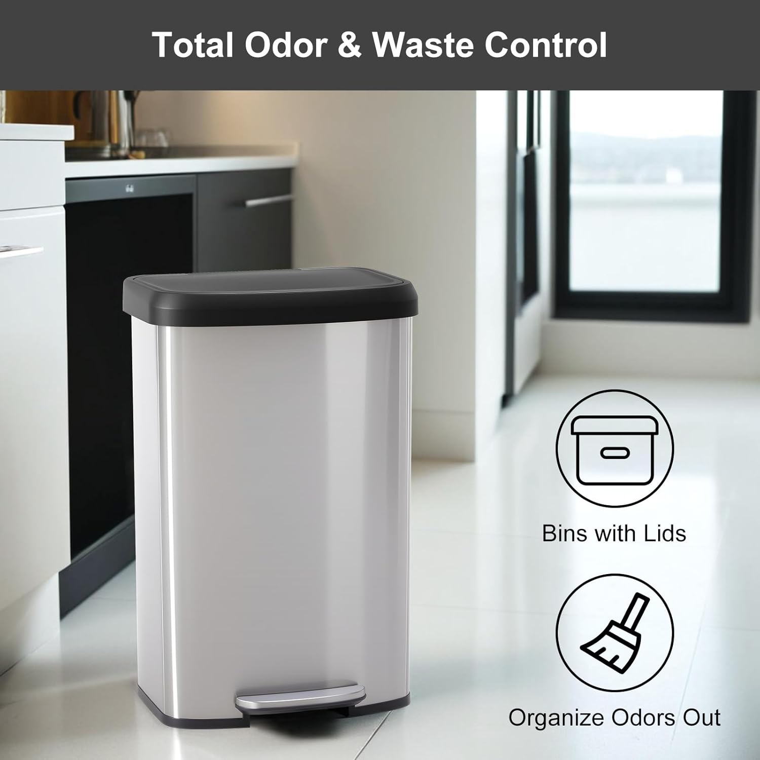 DUMOS 21 Gallon/80 Liter Kitchen Trash Can with Lid, Stainless Steel Garbage Can with Soft-Close Lid & Foot Pedal, Large Step-on Waste Bins Trash and Recycle Bin Combo for Home Office
