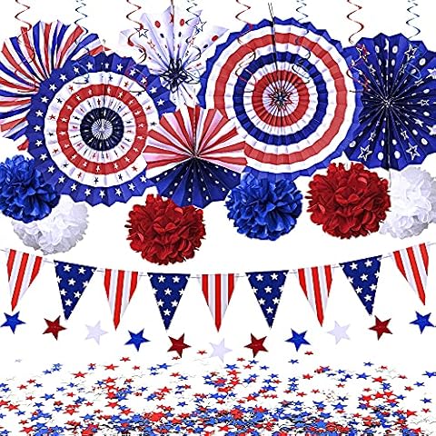 4th of July Patriotic Decorations Set- Fourth of July American Flag Party Supplies, Red White Blue Paper Fans, Hanging Swirls, Star Streamer, Paper Flower Balls, USA Flag Pennant Bunting Party Favors Cover