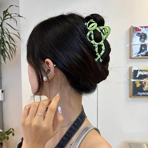 Miniatura 3 de Paquete de 2 pinzas de metal grandes para cabello grueso y fino, pasadores antideslizantes de sujeción fuerte, bonito diseño de rana verde para