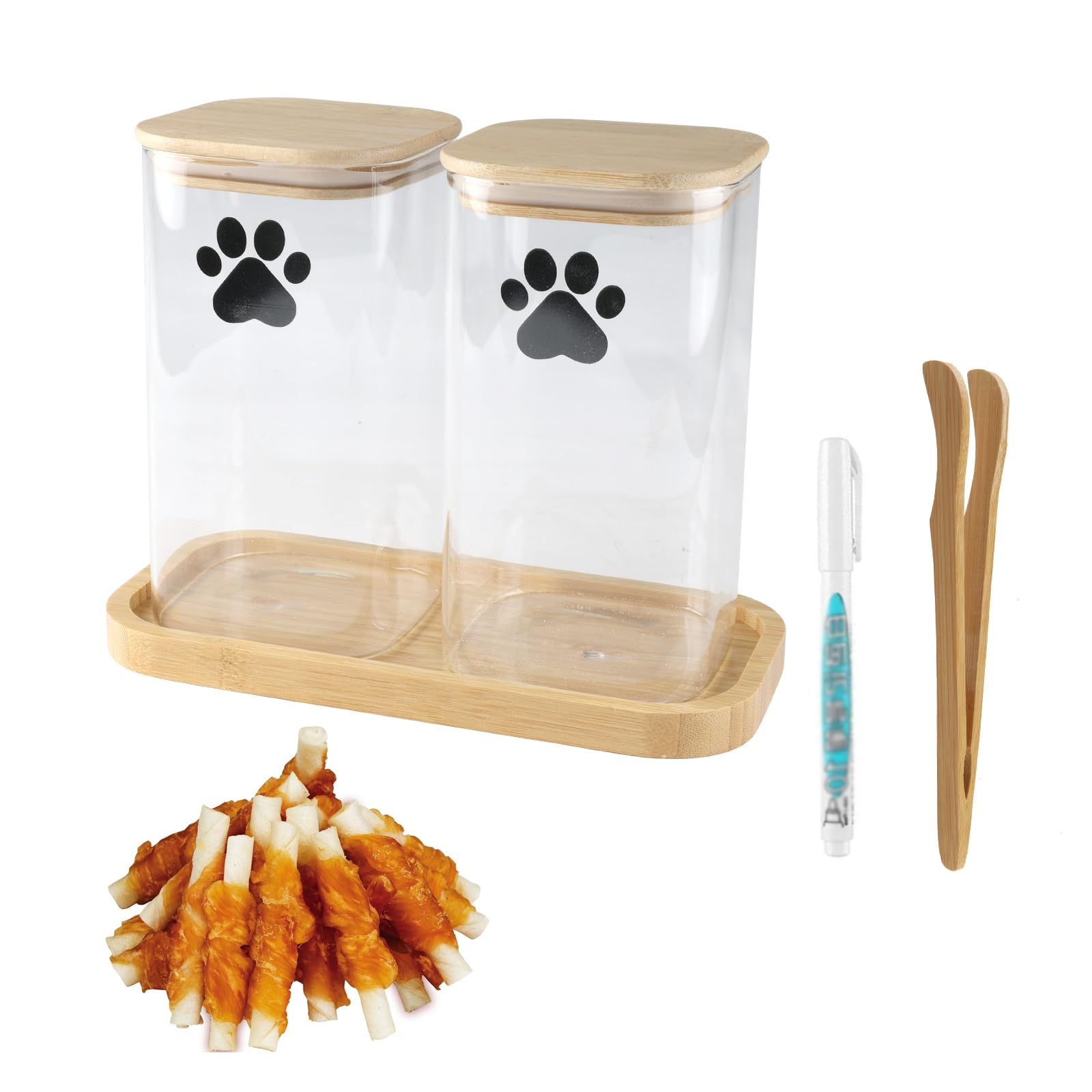 Ctomche 2 Pack Dog Treat Jar,Glass Pet Food Jar with Airtight Lid and Tray,Dog Treat Storage 1200ML,Cat Puppy Biscuit Chew Stick Organiser For Kitchen Countertop