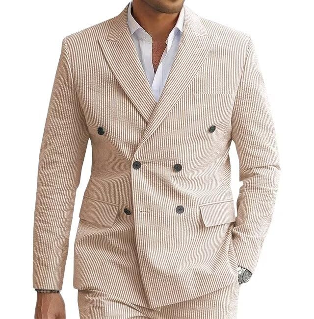 Men's Seersucker Striped Suits Double Breasted 2 Piece Casual Suit for Men Summer Wedding Grooms Blazer Jacket Pants Sets