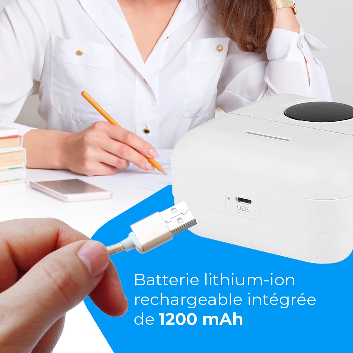 NK Imprimante Photo Portable avec 5 Rouleaux de Papier Thermique - Mini Imprimante Thermique Mobile sans Fil, Câble USB, Compatible avec iOS et Android, Blanc