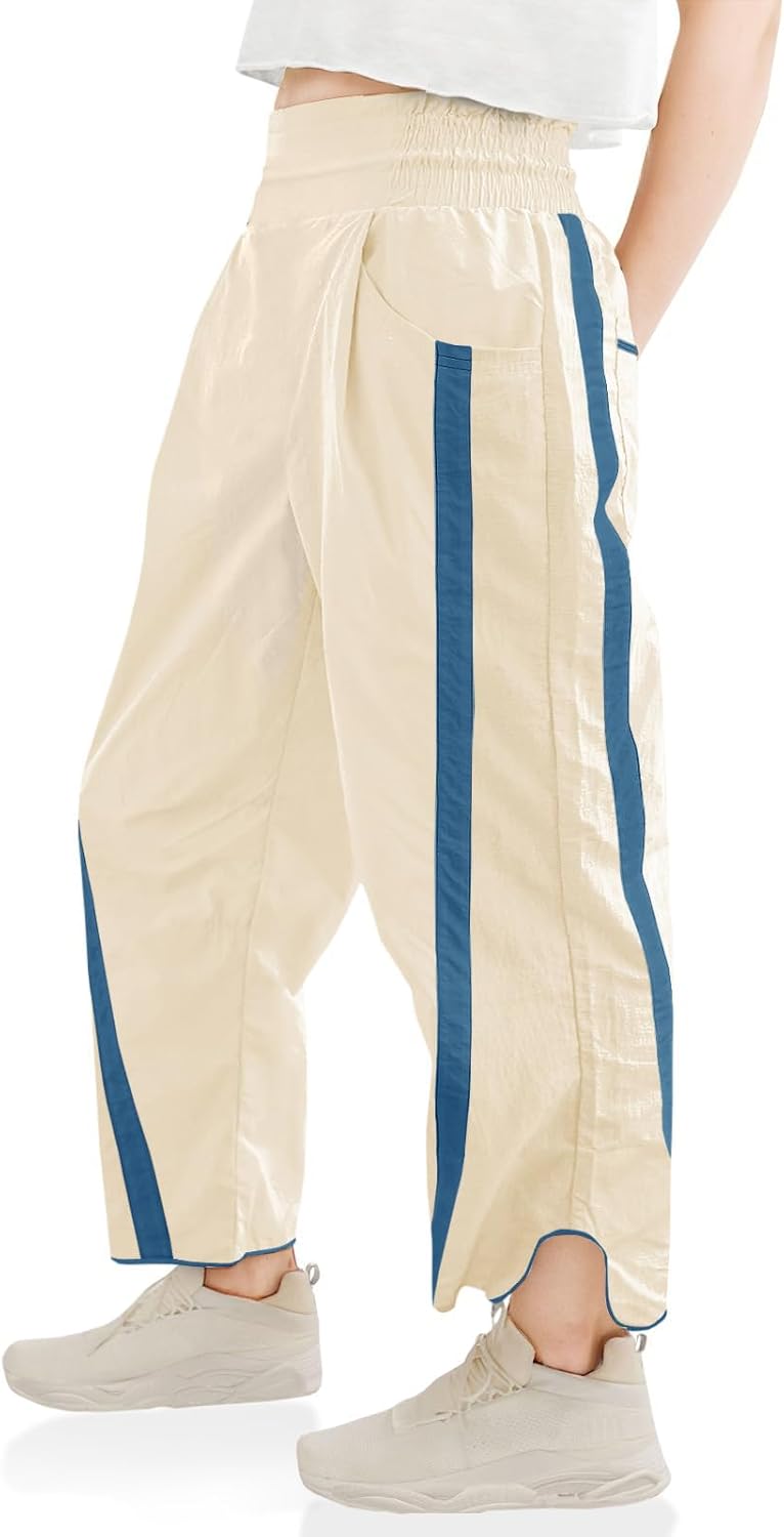 Girls Wide Leg Pants Kids Striped Elastic Waist High Waisted Track Pants with Pockets 7-14 Years