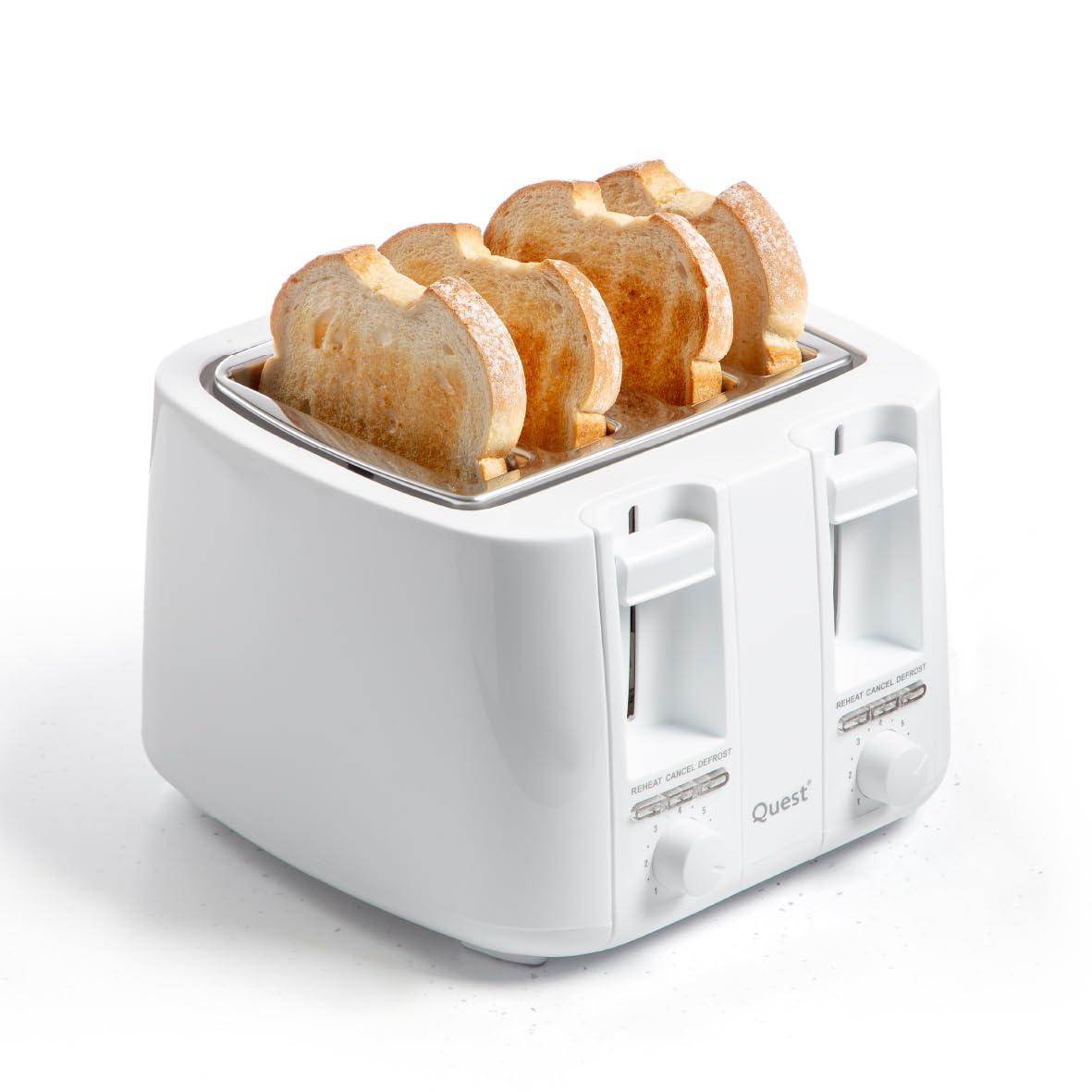 Quest 4 Slice White Toaster with Extra Wide Slots / 7 Browning Levels/Reheat & Defrost/Crumb Tray & Cord Storage/Bagels, Bread, Crumpets