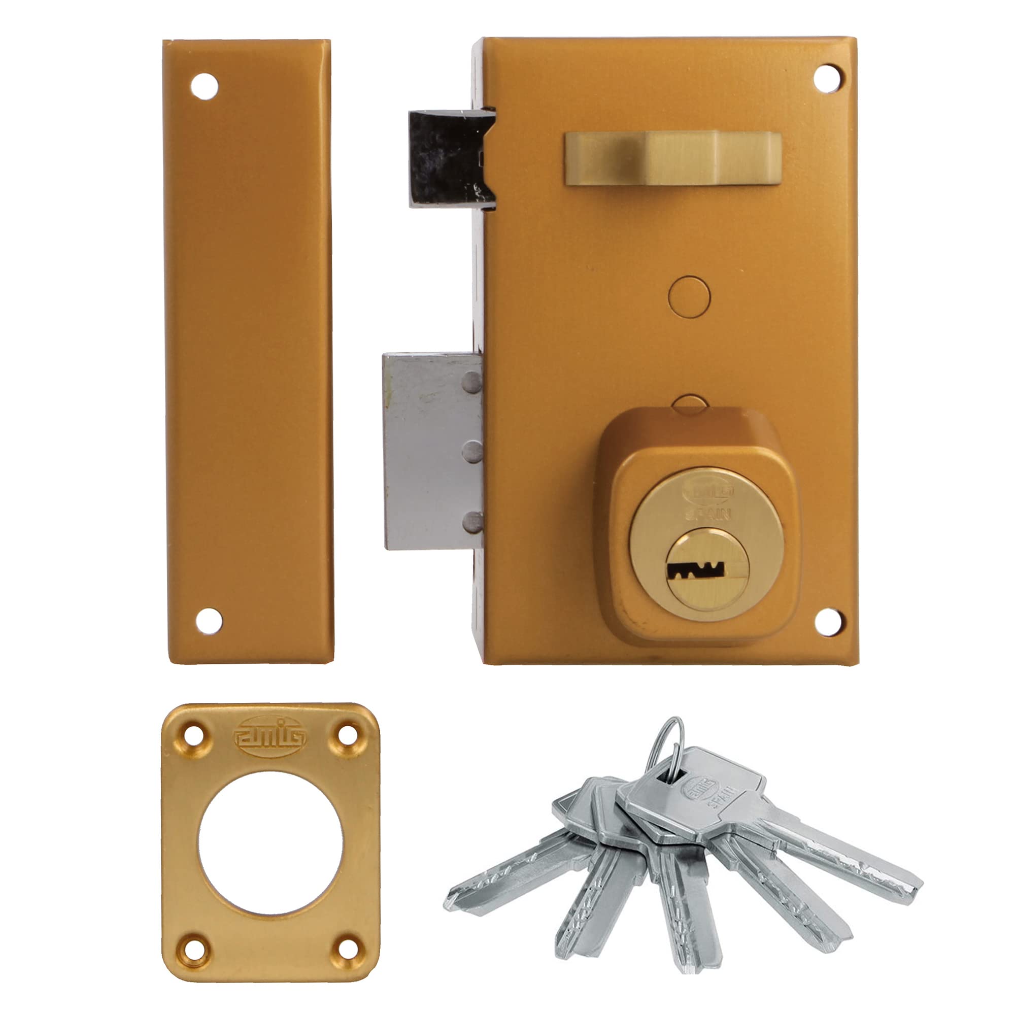 Amig - Cerradura de Sobreponer de Izquierda con Palanca de Cierre, Lengüeta y Tirador para Puertas de Madera Mod. 75, 67 x 112 mm, Cilindro Redondo de Seguridad, Acero Dorado