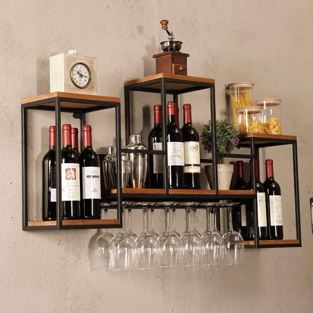 Étagère à bouteilles murale en métal et bois, finitions premium vintage