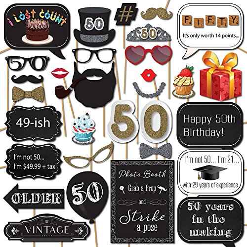 50th Birthday Photo Booth Props - 31-pc 50th Birthday Props with 8 x 10-Inch Sign, 45 Adhesive Pads, 35 Sticks - 50th Birthday Decorations