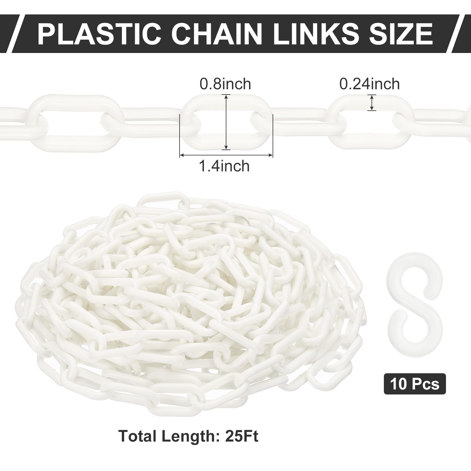 PATIKIL Catena Plastica, 25 Foot Catena Sicurezza Controllo Folla, Anelli Catena Plastica Bianca 1/4" (6 mm) per Code, Parcheggi, Recinzioni, Cancello, Concerti e Decorazioni